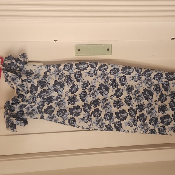 Shoshanna Midnght Off The Shoulder White Blue Brocade Dress